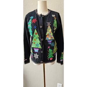 Vintage‎ Christmas Trees Cardigan Sweater 3D Jeweled Embroidered Applique Small